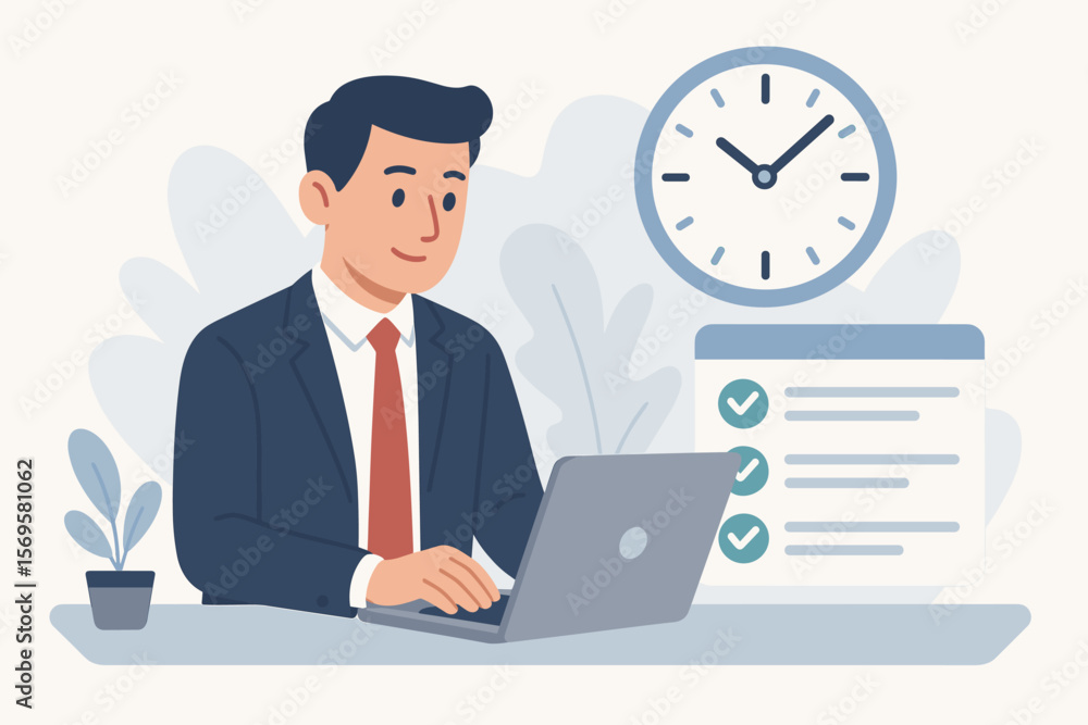 Business professional working on laptop with clock and to do list. Time management and productivity tools concept. Symbolizing task planning, scheduling, and work efficiency. Business professional working on laptop with clock and to do list. Time management and productivity tools concept. Symbolizing task planning, scheduling, and work efficiency.