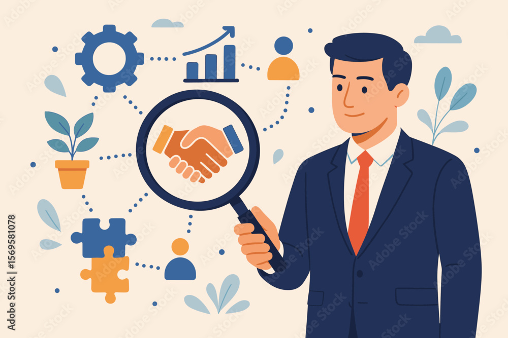 Business ecosystem and partnership concept. Businessman analyzing collaboration strategies, negotiation and agreement. Metaphor for cooperation, teamwork, and company growth. Business ecosystem and partnership concept. Businessman analyzing collaboration strategies, negotiation and agreement. Metaphor for cooperation, teamwork, and company growth.