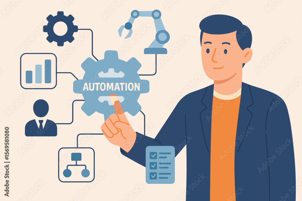 Robotic process automation (RPA) concept. Businessman manages workflow, optimizing business processes with technology. Smart management for efficiency and productivity. Robotic process automation (RPA) concept. Businessman manages workflow, optimizing business processes with technology. Smart management for efficiency and productivity.