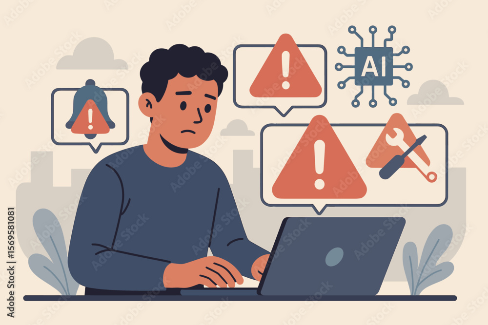 Artificial Intelligence System Error Notification, Automatic Warning Alert, Maintenance, Person Using Laptop, Technology Failure, Modern Flat Vector Illustration Artificial Intelligence System Error Notification, Automatic Warning Alert, Maintenance, Person Using Laptop, Technology Failure, Modern Flat Vector Illustration