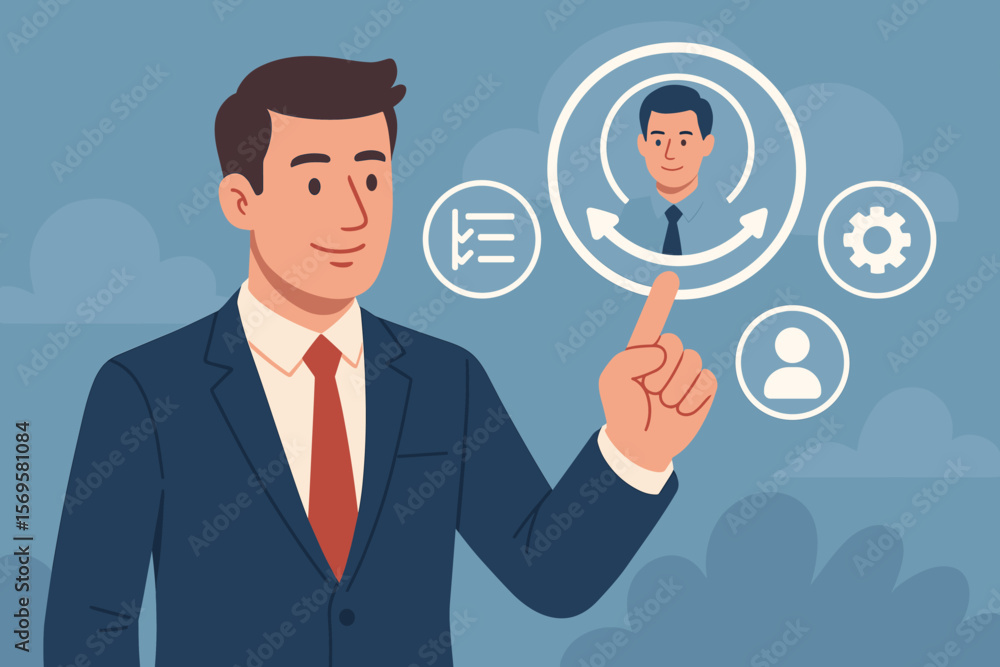Businessman managing employee onboarding process with a virtual HR interface. Human resources concept for new hire orientation, training, and team integration into the company. Businessman managing employee onboarding process with a virtual HR interface. Human resources concept for new hire orientation, training, and team integration into the company.
