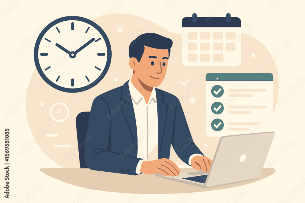 Time management and productivity concept. Businessman at desk with laptop, clock, and calendar. Task planning, scheduling, workflow organization, to-do list, deadline control. Time management and productivity concept. Businessman at desk with laptop, clock, and calendar. Task planning, scheduling, workflow organization, to-do list, deadline control.