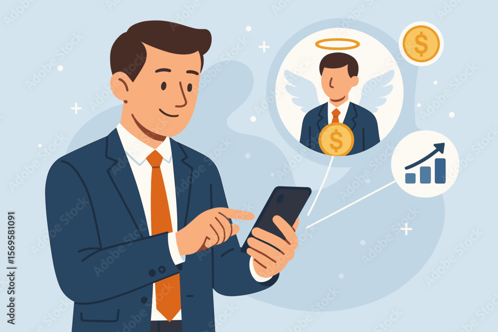 Angel investor concept. Businessman uses smartphone to find business angel for startup funding. Informal investor, seed capital, investment growth chart, money icons on screen. Angel investor concept. Businessman uses smartphone to find business angel for startup funding. Informal investor, seed capital, investment growth chart, money icons on screen.