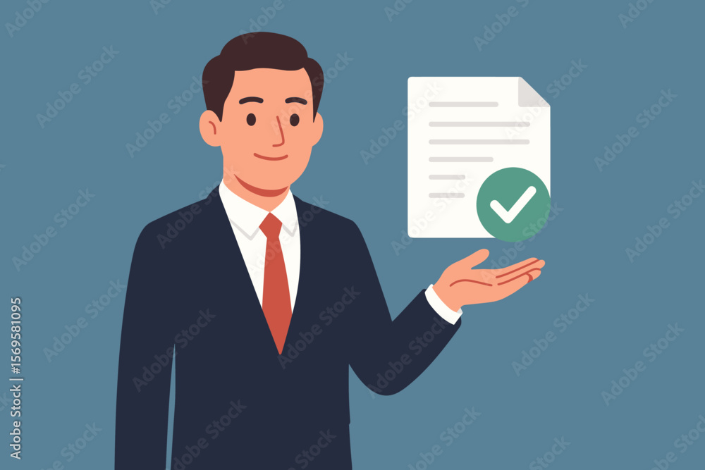 Businessman shows validated document with checkmark. Concept of legal compliance, policy verification, successful agreement, and certified contract. Terms and conditions. Businessman shows validated document with checkmark. Concept of legal compliance, policy verification, successful agreement, and certified contract. Terms and conditions.
