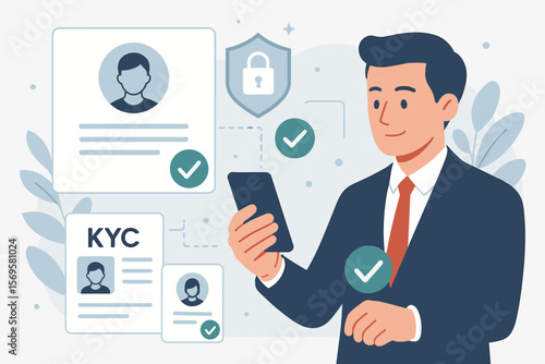 Businessman using smart technology for KYC, digital identity verification, and customer onboarding. Secure authentication and online profile approval via smartphone. Fintech concept.