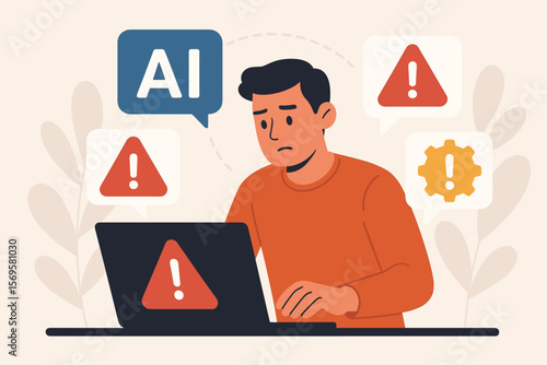 Artificial Intelligence System Error Alert Concept. Person Using Laptop with AI Notification Warning, Maintenance Alert, Exclamation Mark, Modern Flat Vector Illustration