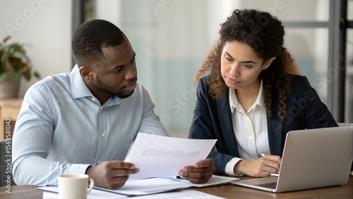 Two serious focused multiethnic male and female coworkers reviewing financial legal document, discussing sales marketing reports, brainstorming on project, doing paperwork at office table