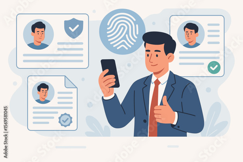 Businessman with phone for digital identity verification and KYC document approval. Concept of secure biometric authentication, fingerprint scanning, and customer onboarding process.