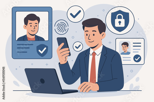Digital identity verification and KYC concept. Businessman using phone to authenticate user profile. Secure customer onboarding, biometric data, and personal information approval.
