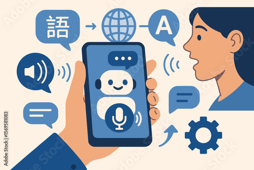 AI language assistant for real-time multilingual translation. Chatbot on smartphone showing voice recognition and global communication. Modern translator app and technology concept.
