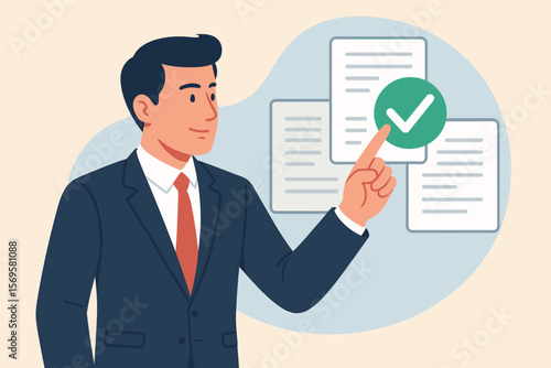 Businessman approves digital document. Manager touching checkmark icon for project approval. Contract validation, electronic verification, certified agreement, success concept.