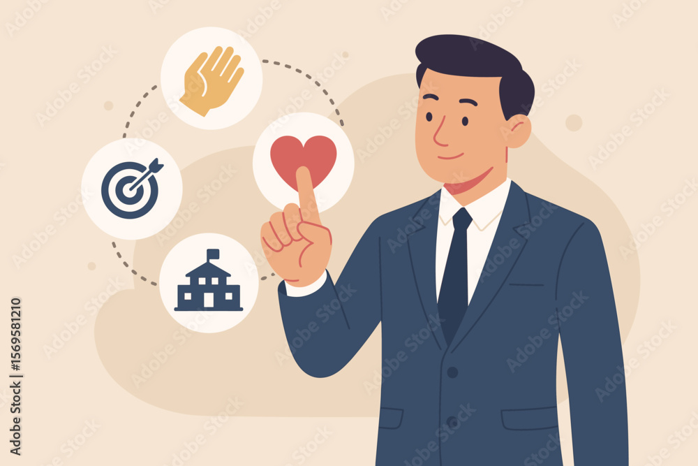 Core values business concept. Businessman choosing company mission, vision, and principles. Corporate ethics, responsibility, goals, and strategy. Culture, passion, and integrity vector. Core values business concept. Businessman choosing company mission, vision, and principles. Corporate ethics, responsibility, goals, and strategy. Culture, passion, and integrity vector.