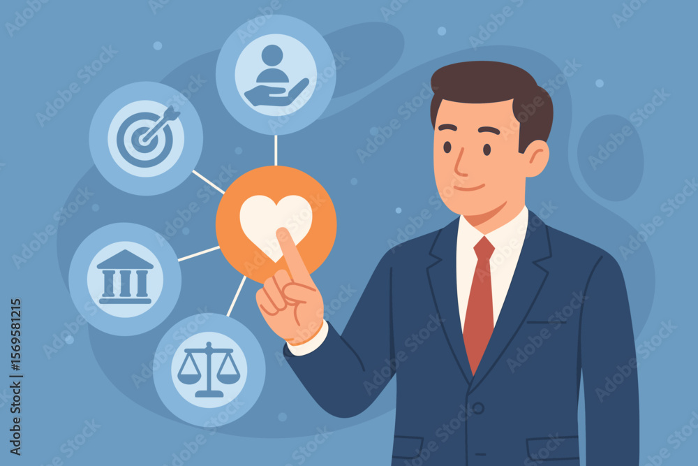 Core values business concept. Businessman touching virtual screen icons for ethics, responsibility, goals, mission. Corporate culture, principles, and strategy vector illustration. Core values business concept. Businessman touching virtual screen icons for ethics, responsibility, goals, mission. Corporate culture, principles, and strategy vector illustration.