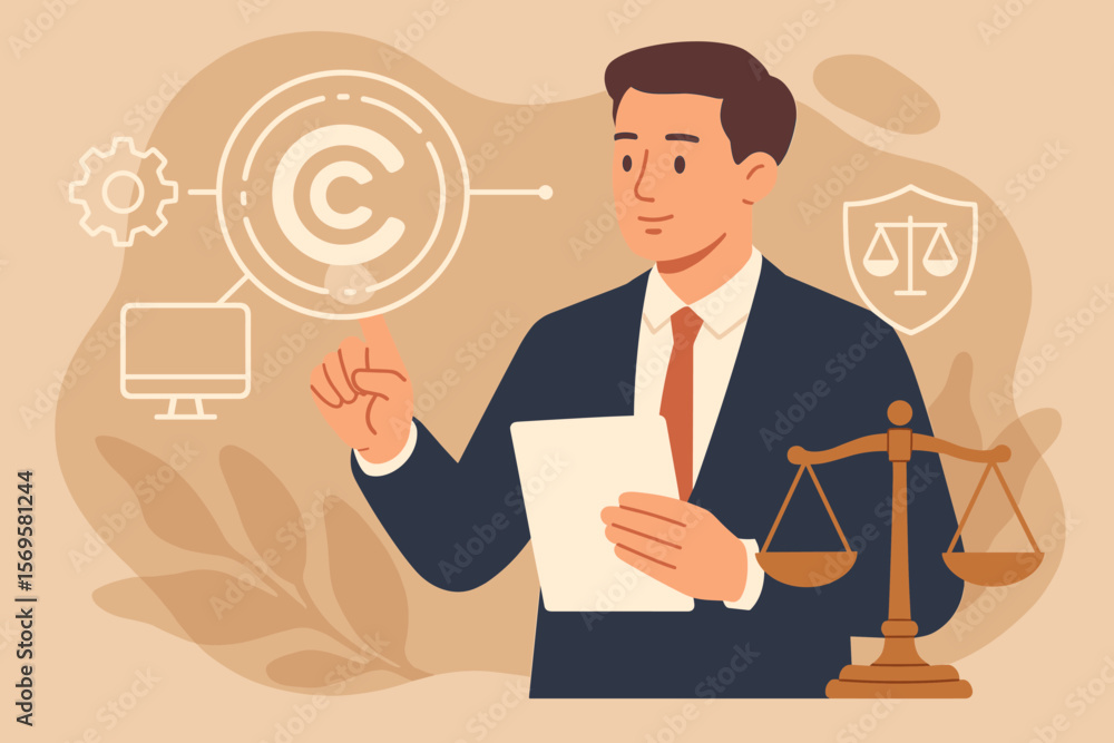 Copyright, patent and intellectual property concept. Lawyer with virtual technology symbol. Regulations, enforcement, law and justice policy. Digital rights protection. Copyright, patent and intellectual property concept. Lawyer with virtual technology symbol. Regulations, enforcement, law and justice policy. Digital rights protection.