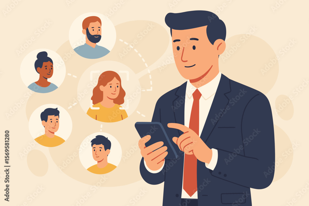Buyer persona and target customer concept. Manager with smartphone for marketing segmentation. Customer psychology profile, focus group analysis, CRM, and human resources. Buyer persona and target customer concept. Manager with smartphone for marketing segmentation. Customer psychology profile, focus group analysis, CRM, and human resources.