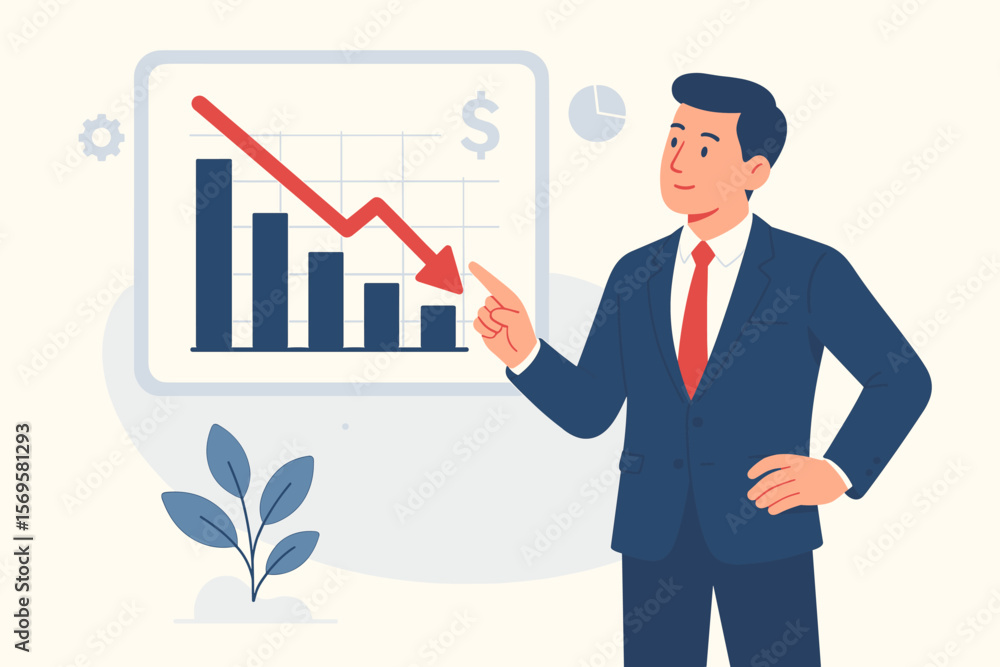 Cost reduction business finance concept. Businessman points to graph with red arrow down for budget and cost management. Financial crisis, recession, investment loss metaphor. Cost reduction business finance concept. Businessman points to graph with red arrow down for budget and cost management. Financial crisis, recession, investment loss metaphor.