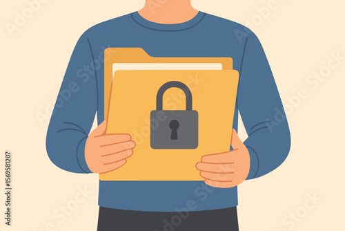 Confidential document and privacy protection concept. Man holding a file folder with a secured lock. Data security, safety for secret archives and information vector.