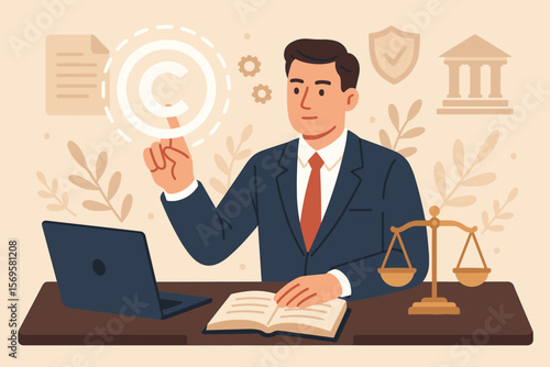 Intellectual Property Law Concept with Lawyer, Copyright and Patent Symbols, Legal Regulations, Enforcement, Justice Policy, Technology and Legal Protection Illustration