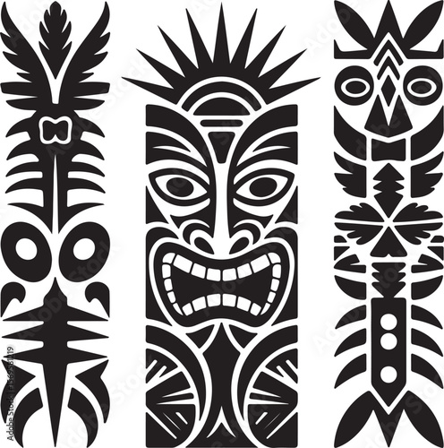 Three Black and White Polynesian Tribal Tiki Mask Silhouettes Vertical Design Elements Geometric Patterned Totem Art