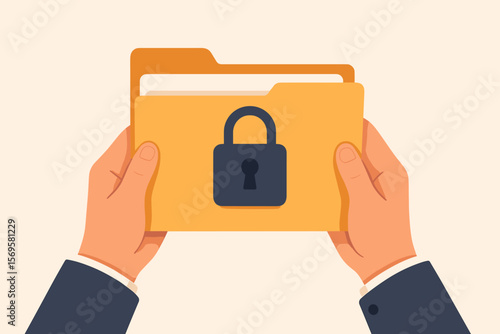 Confidential document concept. Privacy protection and data security. Businessman hands holding a secret file folder with a secured lock. Information safety and archive vector.