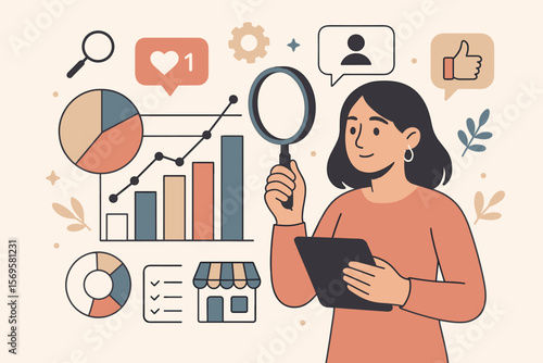 Market research and data analysis concept. Woman with magnifying glass analyzing statistics, social media metrics. Consumer behavior study and digital marketing strategy.