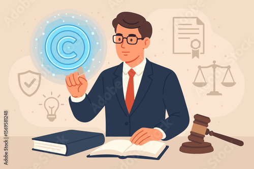 Copyright, patent and intellectual property law concept. A lawyer working with virtual technology for legal rights protection. Regulations, enforcement, and justice policy.
