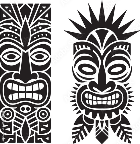 Two Black and White Polynesian Tribal Masks Silhouette Designs Geometric Patterns Ancient Art Tiki Idol Carving Style Graphic Illustration