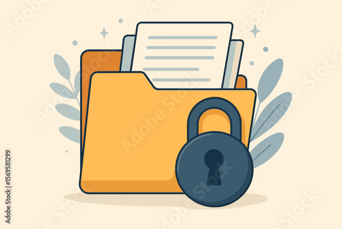 Document security and confidential data protection concept. Secure files in a folder with a private lock. Information privacy, safety, and safe access. Flat vector illustration.