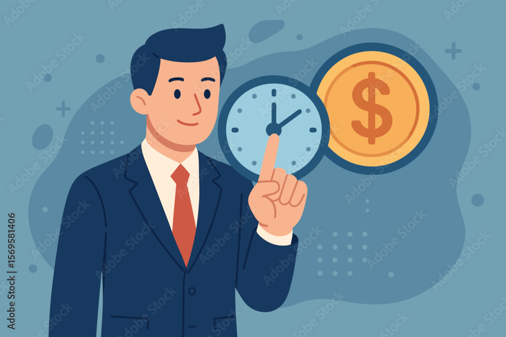 Time is money financial concept with a businessman touching a clock and dollar coin icon. Business time management, productivity, and investment strategy for profit and value. Time is money financial concept with a businessman touching a clock and dollar coin icon. Business time management, productivity, and investment strategy for profit and value.