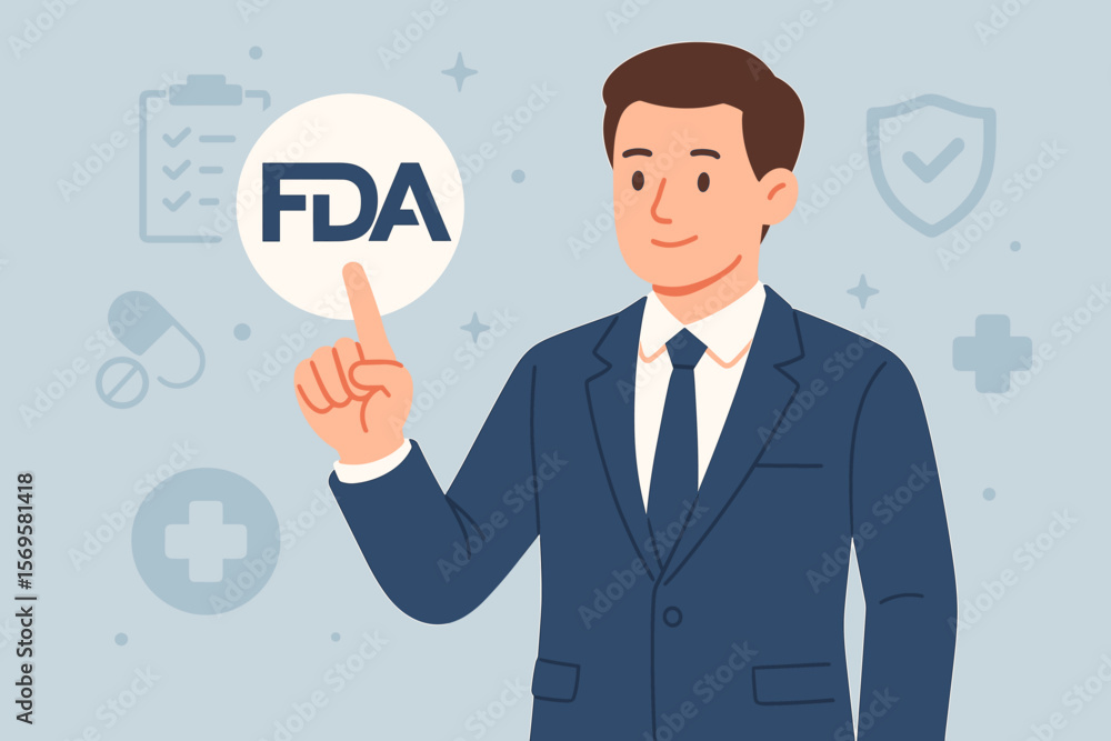 FDA Approved concept with businessman. Food and Drug Administration logo. Health product standards, quality control, safety regulation, medical compliance system. Vector. FDA Approved concept with businessman. Food and Drug Administration logo. Health product standards, quality control, safety regulation, medical compliance system. Vector.