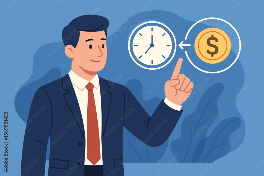 Time is money financial concept. Businessman transforms time into cash. Clock and dollar coin icons for business time management, productivity, investment, and profit strategy. Time is money financial concept. Businessman transforms time into cash. Clock and dollar coin icons for business time management, productivity, investment, and profit strategy.
