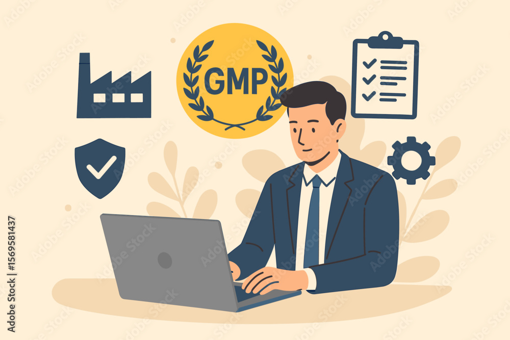 GMP Good Manufacturing Practice concept. Businessman at laptop managing factory process. Industrial quality assurance, safety standard, regulation and compliance vector illustration. GMP Good Manufacturing Practice concept. Businessman at laptop managing factory process. Industrial quality assurance, safety standard, regulation and compliance vector illustration.