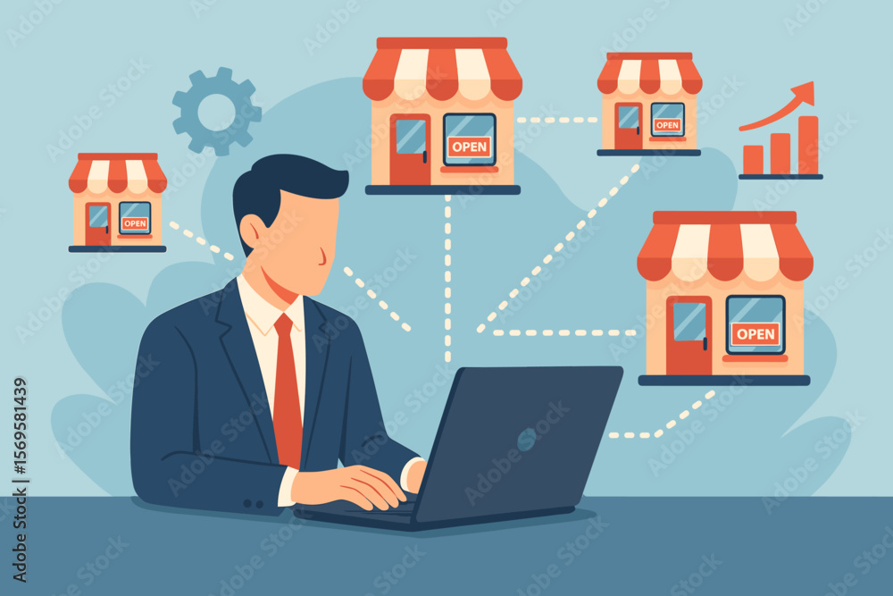 Franchise business concept. Businessman manages store chain network on laptop. Marketing system for expansion, company growth, brand building. Small business ownership strategy. Franchise business concept. Businessman manages store chain network on laptop. Marketing system for expansion, company growth, brand building. Small business ownership strategy.