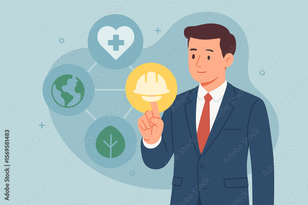 HSE, Health Safety Environment concept. Manager interacts with virtual dashboard for industrial compliance, corporate risk management and occupational safety standards. HSE, Health Safety Environment concept. Manager interacts with virtual dashboard for industrial compliance, corporate risk management and occupational safety standards.