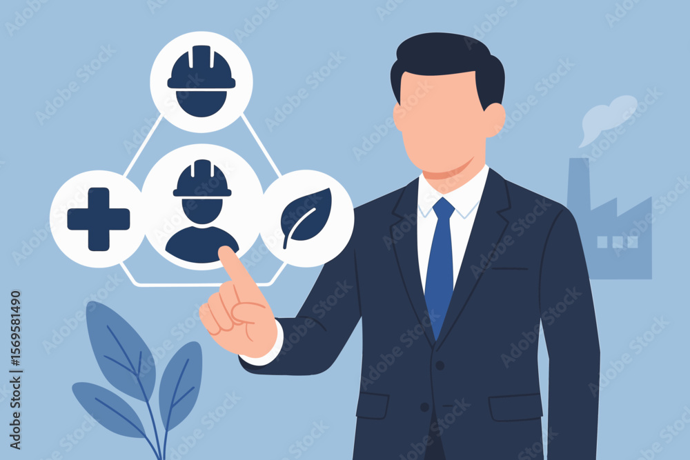 HSE, Health Safety Environment concept. Businessman using virtual screen for industrial compliance, occupational protection standards, and environmental management systems. HSE, Health Safety Environment concept. Businessman using virtual screen for industrial compliance, occupational protection standards, and environmental management systems.
