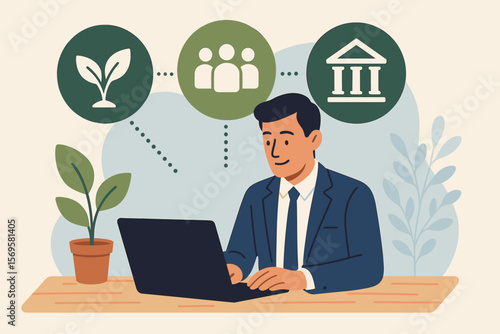 ESG concept with Environmental, Social, and Governance icons. Businessman at laptop planning sustainable corporate strategy, ethical investment and social responsibility. Modern vector.
