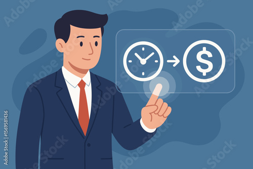 Time is money financial concept. Businessman touching a virtual interface to convert clock time into cash. Business time management, productivity, efficiency, and profit.