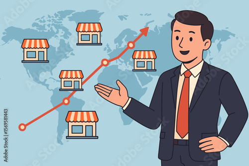 Franchise business development concept. Corporate company expansion and distribution. Businessman showing franchise growth graph with retail shop icons on a world map.