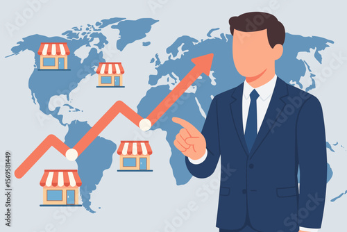 Franchise business development concept. Corporate company expansion and global distribution. Businessman showing franchise growth graph with retail store icons on world map.