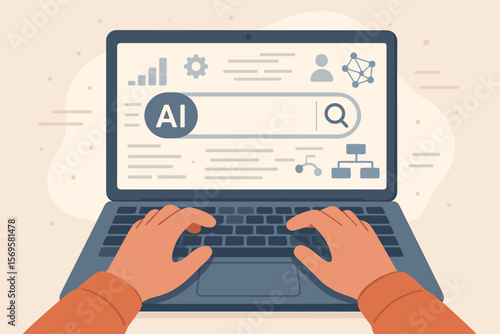 Hands typing on laptop with AI search engine. Concept of artificial intelligence, machine learning, big data analysis, chatbot, smart technology, and information processing. Vector.