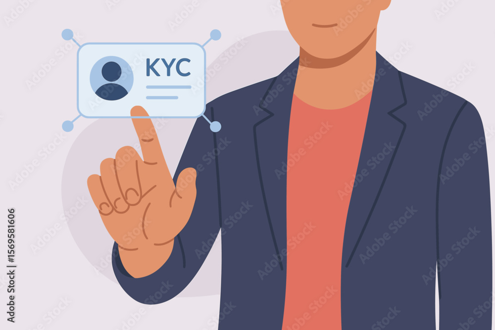 Know Your Customer KYC Verification Process Concept. Businessman Touching Digital Identification Card Interface. Online Identity Authentication, Compliance, Security, Fintech Know Your Customer KYC Verification Process Concept. Businessman Touching Digital Identification Card Interface. Online Identity Authentication, Compliance, Security, Fintech