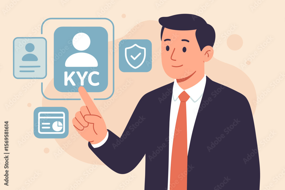 KYC know your customer business verification concept. Identity authentication, financial security, personal data access. Man in suit selects KYC icon on virtual interface KYC know your customer business verification concept. Identity authentication, financial security, personal data access. Man in suit selects KYC icon on virtual interface
