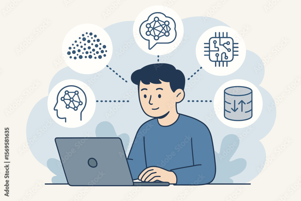 Artificial Intelligence Large Language Model Concept. Person Using Laptop with Neural Network, Big Data, Data Transfer, Generative AI, Machine Learning, Natural Language Processing Icons Artificial Intelligence Large Language Model Concept. Person Using Laptop with Neural Network, Big Data, Data Transfer, Generative AI, Machine Learning, Natural Language Processing Icons