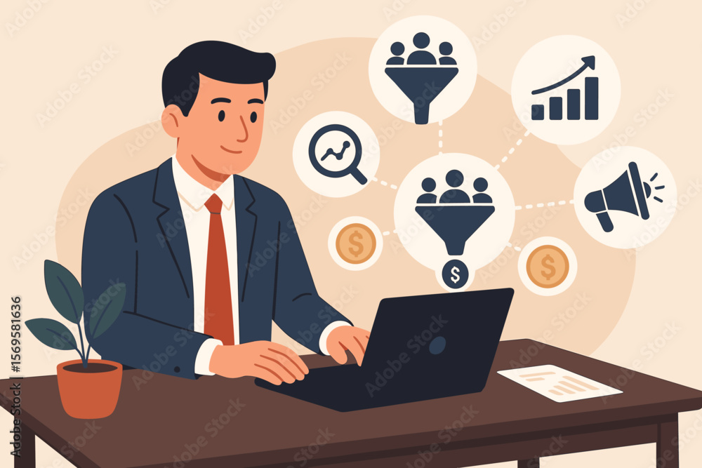 Lead generation concept, business analysis, marketing strategies, sales funnel, businessman at laptop, digital marketing, financial growth, flat vector illustration Lead generation concept, business analysis, marketing strategies, sales funnel, businessman at laptop, digital marketing, financial growth, flat vector illustration