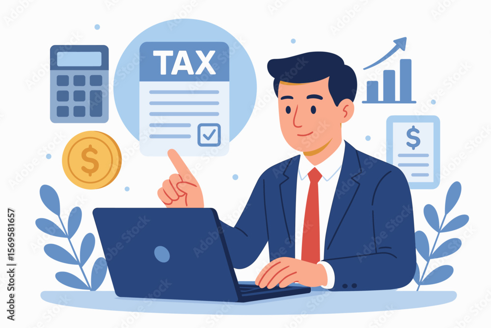 Online tax payment and calculation concept. Businessman using laptop for income tax return, personal finance management, accounting, digital tax form, analytics, money, calculator Online tax payment and calculation concept. Businessman using laptop for income tax return, personal finance management, accounting, digital tax form, analytics, money, calculator