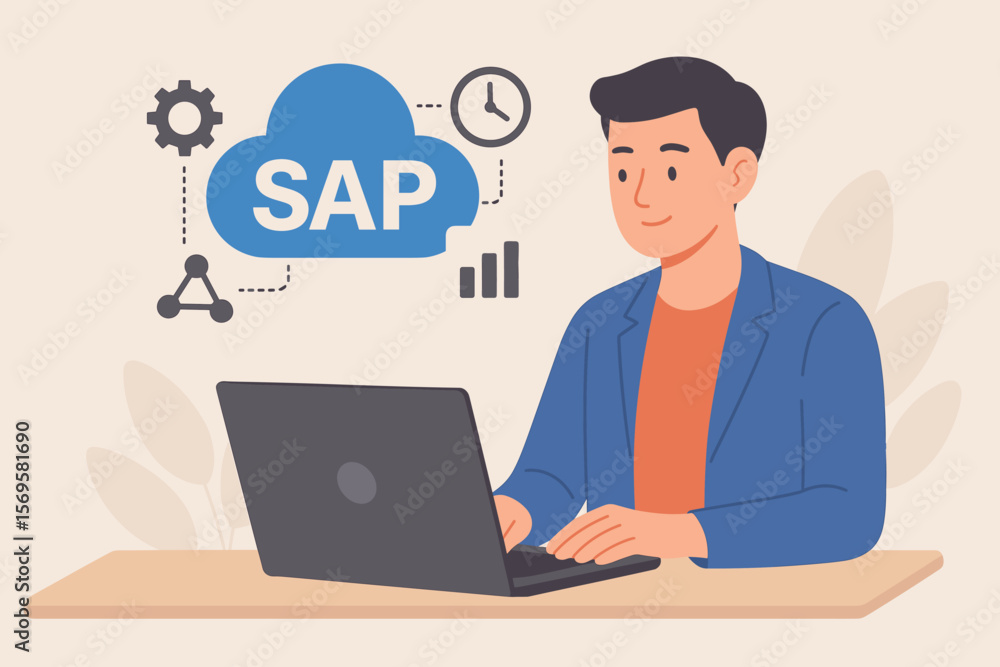 Businessman using laptop with SAP cloud icon, business process automation, enterprise resource planning, ERP software, management system, workflow optimization, digital transformation Businessman using laptop with SAP cloud icon, business process automation, enterprise resource planning, ERP software, management system, workflow optimization, digital transformation