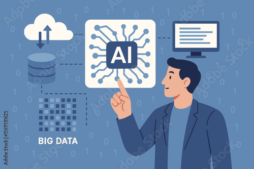 Artificial Intelligence Large Language Model Concept, Big Data Analysis, Data Transfer, Generative AI, Natural Language Processing, Data Mining, Man Interacting with Virtual Interface