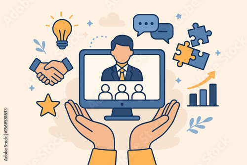 Leadership skills teamwork collaboration business success concept. Manager on virtual screen, hands support, innovation, communication, puzzle, growth, handshake, star, graph