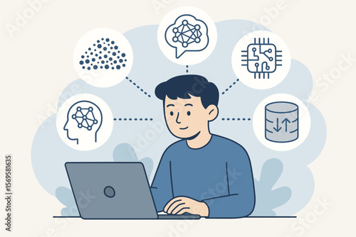 Artificial Intelligence Large Language Model Concept. Person Using Laptop with Neural Network, Big Data, Data Transfer, Generative AI, Machine Learning, Natural Language Processing Icons
