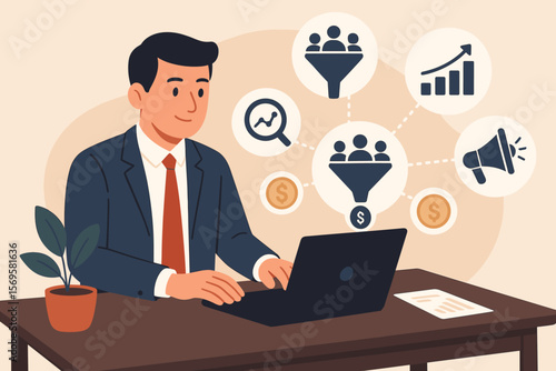 Lead generation concept, business analysis, marketing strategies, sales funnel, businessman at laptop, digital marketing, financial growth, flat vector illustration